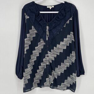 Skies are Blue Button Down Top Size 2X Eyelet Ruffle‎ Romantic Boho Shirt